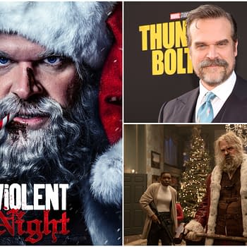 A promotional image for 'Violent Night 2' featuring David Harbour as a rugged Santa, holding a candy cane and looking intense. The background includes festive elements, hinting at the movie's blend of holiday themes and action.