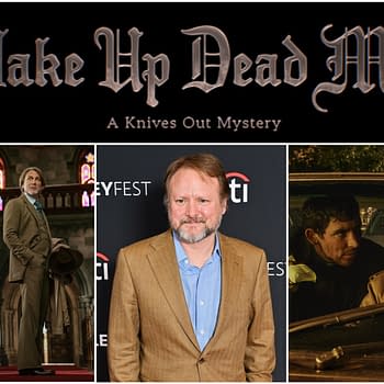 A collage featuring elements from "Wake Up Dead Man: A Knives Out Mystery," including stills of two characters in a gothic setting and a man in a suit at a film festival, with the movie title prominently displayed above.