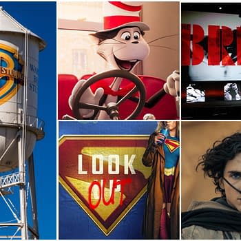 A collage featuring elements related to Warner Bros.' 2026 movies, including the iconic Warner Bros. water tower, animated character the Cat in the Hat driving a car, a teaser for the movie 'The Bride,' and promotional art featuring a superhero and a character from 'Dune.'