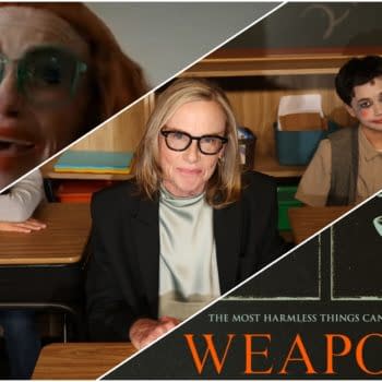 A collage featuring three scenes: a woman with red hair and large glasses laughing, a serious woman in a blazer seated at a desk, and a child with face paint sitting in a classroom. The image includes the word 'WEAPONS' prominently displayed with the phrase 'THE MOST HARMLESS THINGS CAN HURT YOU'.