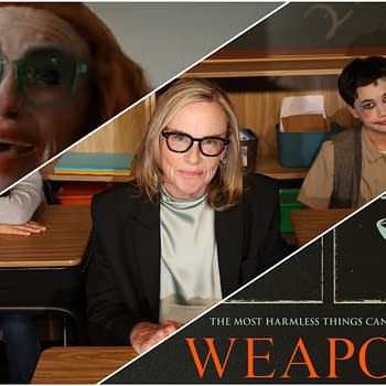 A collage featuring three scenes: a woman with red hair and large glasses laughing, a serious woman in a blazer seated at a desk, and a child with face paint sitting in a classroom. The image includes the word 'WEAPONS' prominently displayed with the phrase 'THE MOST HARMLESS THINGS CAN HURT YOU'.