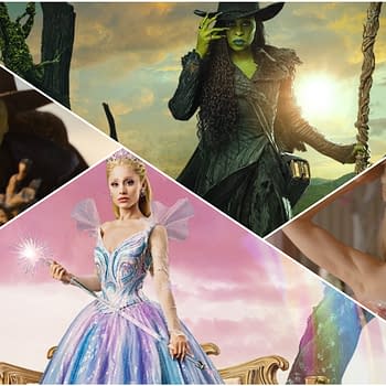 A collage from the musical "Wicked for Good," featuring two prominent characters: a green-skinned witch in a black outfit and a fairy-like character in a sparkling blue gown. The collage showcases their contrasting appearances and magical themes.