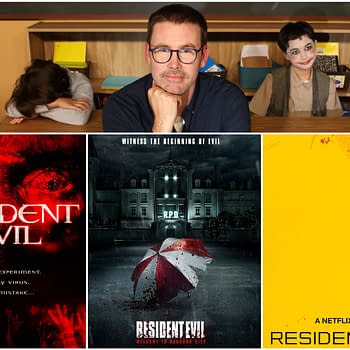 A collage featuring Zach Cregger, alongside posters from the 'Resident Evil' franchise. The images depict key themes of horror and survival, with emphasis on a secret experiment and a deadly virus.