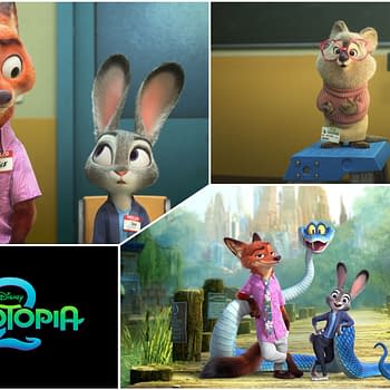 A colorful cartoon image from 'Zootopia 2' featuring anthropomorphic characters: a fox named Nick and a rabbit named Judy, along with another small animal wearing glasses. The image includes a logo for 'Zootopia 2' at the bottom.