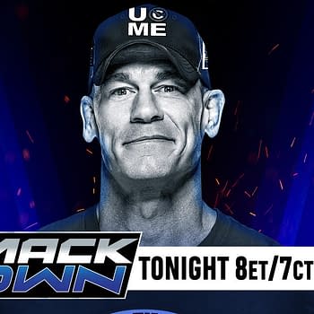 A promotional image for WWE SmackDown featuring a man with short hair and a baseball cap, smiling confidently. The background is dark blue with sparkles, and the text below reads 'SMACKDOWN TONIGHT 8ET/7CT ON USA'.