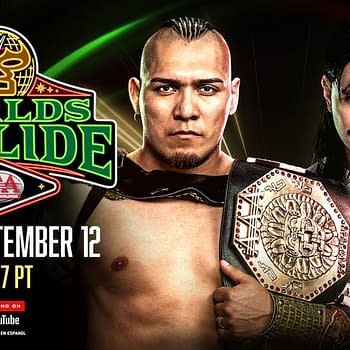 A promotional graphic for WWE x AAA's 'Worlds Collide' featuring two wrestlers facing each other. The left wrestler has a muscular build and short hair, while the right wrestler sports a mustache and holds two championship belts. The event is taking place on September 12, 2025, with details about streaming on YouTube.
