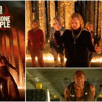 A promotional poster for '28 Years Later: The Bone Temple' featuring a dark, atmospheric scene with a central figure in distress among eerie, towering bone-like structures, while other characters in dramatic attire observe and interact in a moody, fire-lit setting.