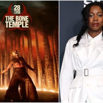 A graphic for '28 Years Later: The Bone Temple,' featuring a figure in front of tall, ominous pillars against a fiery red sky. The title is prominently displayed at the top, highlighting the theme of horror.