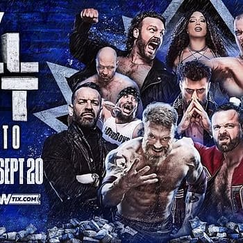 A promotional graphic for AEW All Out featuring multiple wrestlers, highlighted against a blue star backdrop with the event details.