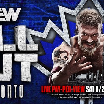 Promotional graphic for the AEW All Out event in Toronto, featuring a muscular wrestler with a fierce expression and city skyline background. The image prominently displays the event details with bold text.