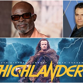 A collage featuring actor Djimon Hounsou, alongside images of actors Christopher Lambert and Sean Connery, overlaid with the logo from the film 'Highlander,' showcasing a dramatic backdrop with lightning.