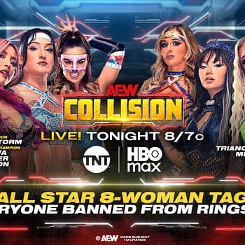 Promotional graphic for AEW Collision featuring multiple female wrestlers in colorful costumes, highlighting an 8-woman tag match with text indicating that everyone is banned from ringside.