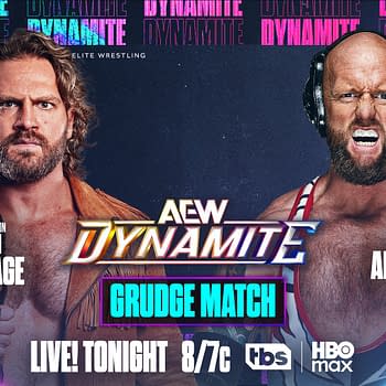 A promotional image for AEW Dynamite featuring two wrestlers, Hangman Adam Page and Josh Alexander, positioned facing each other. Adam Page, wearing a championship belt, has long hair and a serious expression, while Josh Alexander, sporting a red and white singlet, looks intense with headphones on, emphasizing the upcoming grudge match.