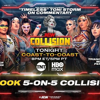 A promotional graphic for AEW Collision featuring eight women wrestlers. Their names include Jamie Hayter, Kris Statlander, and Penelope Ford, against a vibrant background with details about a championship tournament. The graphic also notes Toni Storm is on commentary.