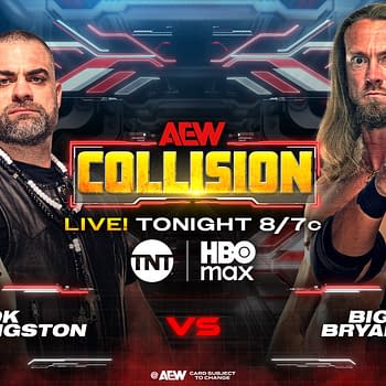 A promotional graphic for AEW Collision featuring four wrestlers: Hook, Eddie Kingston, Big Bill, and Bryan Keith, with the AEW Collision logo prominently displayed. The image includes a futuristic background with bright colors.