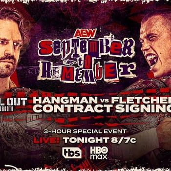An advertisement for the AEW event 'September to Remember' featuring two male wrestlers. One wrestler has long hair and a serious expression, while the other has short hair and is yelling passionately.