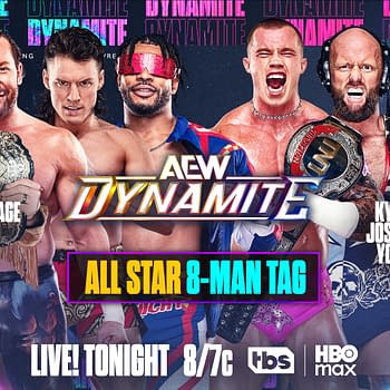 A promotional graphic for AEW Dynamite featuring various wrestlers including Hangman Adam Page, Kenny Omega, and the Young Bucks. The background is vibrant with colorful graphics and the text highlights an upcoming 8-man tag match.