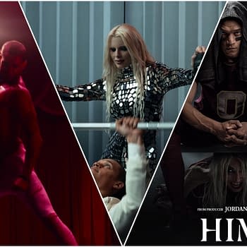 A visually striking promotional image for 'HIM,' featuring three distinct scenes: a muscular man in a dramatic pose with a flame, a woman in a shimmering silver outfit, and a tense close-up of a football player. The image highlights themes of strength and intensity.