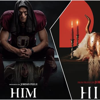 A promotional illustration for the film 'HIM,' featuring a muscular football player in a dark atmosphere, and a creepy figure with long hair peering out from the shadows below. The right side depicts a stylized altar with a sinister horned mask, candles, and a football, all against a red background.