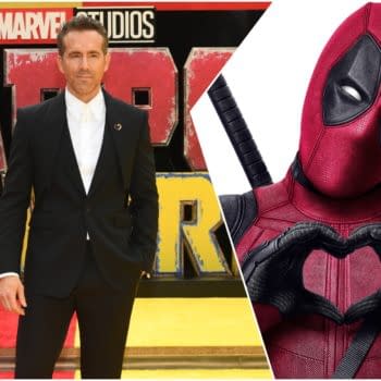 A collage featuring a man in a black suit against a colorful backdrop with 'Deadpool' lettering, next to an illustration of the character Deadpool making a heart shape with his hands. This image highlights themes of superheroes and movie premieres.