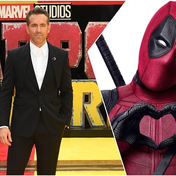 A collage featuring a man in a black suit against a colorful backdrop with 'Deadpool' lettering, next to an illustration of the character Deadpool making a heart shape with his hands. This image highlights themes of superheroes and movie premieres.