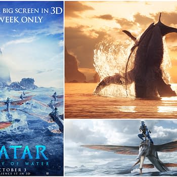 A promotional feature image for the re-release of 'Avatar: The Way of Water,' showcasing vibrant ocean scenes with flying creatures, including a soaring whale-like creature, and the film's title prominently displayed.