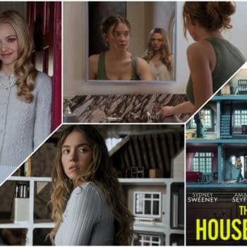 A cinematic collage featuring various scenes from 'The Housemaid', showcasing characters in a luxurious setting, reflections in a mirror, and a model house. The promotional image includes the film's title prominently displayed.