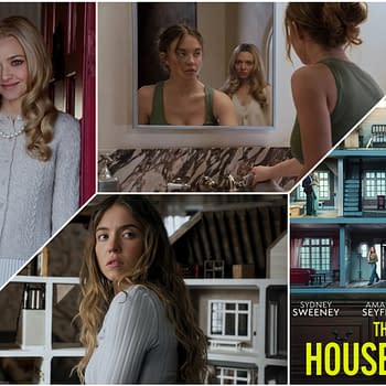 A cinematic collage featuring various scenes from 'The Housemaid', showcasing characters in a luxurious setting, reflections in a mirror, and a model house. The promotional image includes the film's title prominently displayed.