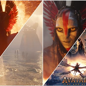An illustration for 'Avatar: Fire and Ash' featuring a central character with distinctive tribal features and headdress, surrounded by fiery and mystical elements. The image combines scenes of water, characters, and an artistic representation of the title with dramatic visual effects.