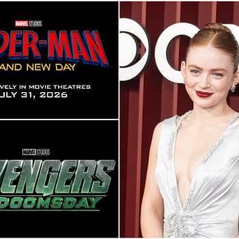 The graphic features the logos for 'Spider-Man: Brand New Day' and 'Avengers: Doomsday.' A young woman with red hair, wearing a silver dress, smiles for the camera in front of a brown backdrop.