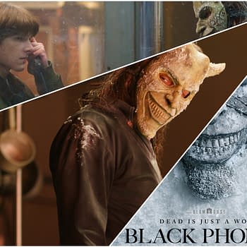 A collage featuring a young boy speaking on a payphone, a figure wearing a sinister mask, and a snowy scene with ominous imagery, promoting 'Black Phone 2' with the tagline 'Dead is Just a Word.'
