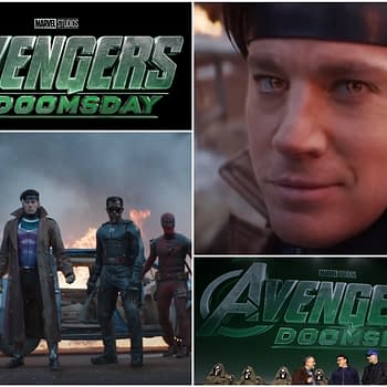 The image features promotional material for 'Avengers: Doomsday,' including a logo and a scene with several characters, including Channing Tatum, who appears in the foreground with a slight smile. The background shows the characters positioned in a dramatic pose amidst explosions.