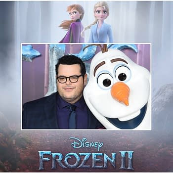 A promotional image featuring Josh Gad, who voices Olaf, posing alongside the character in a snowy backdrop. The Disney Frozen II logo is prominently displayed at the bottom.