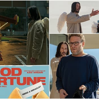 A collage for the movie 'Good Fortune,' featuring scenes with various characters, including two men in a parking lot and a scene with angelic figures, along with text advertising the film and asking, 'Need a miracle?'.