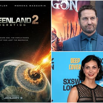 Promotional poster for 'Greenland 2: Migration' featuring dramatic imagery of the Earth being struck by an asteroid, alongside promotional images of actors Gerard Butler and Morena Baccarin.