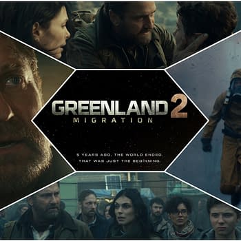 A collage from the movie 'Greenland 2: Migration' featuring intense facial expressions of characters in a dramatic survival scenario. The central logo prominently displays the title and tagline, hinting at the story's continuation after a world-ending event.