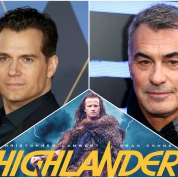 A split image featuring two actors, Henry Cavill on the left and Chad Michael Murray on the right, with a promotional graphic for the film "Highlander" at the bottom. The graphic showcases a character dressed in fur, with lightning effects and the film's title prominently displayed.