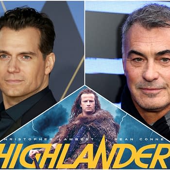 A split image featuring two actors, Henry Cavill on the left and Chad Michael Murray on the right, with a promotional graphic for the film "Highlander" at the bottom. The graphic showcases a character dressed in fur, with lightning effects and the film's title prominently displayed.