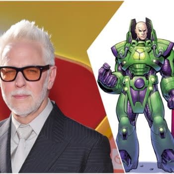 A combination of a photo featuring a man with white hair and glasses beside an illustration of Superman and Lex Luthor in their iconic costumes, highlighting the upcoming Superman sequel. The background includes a vibrant design related to the Superman theme.