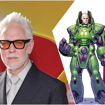 A combination of a photo featuring a man with white hair and glasses beside an illustration of Superman and Lex Luthor in their iconic costumes, highlighting the upcoming Superman sequel. The background includes a vibrant design related to the Superman theme.