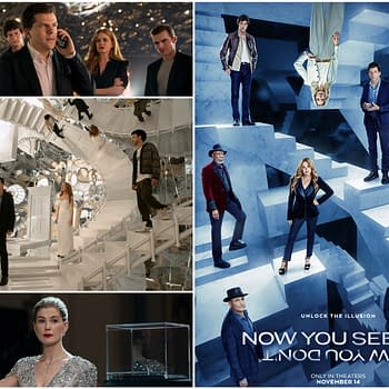 A promotional collage for 'Now You See Me: Now You Don't,' featuring a group of performers in stylish attire, dramatic mirrored backdrops, and an abstract staircase design, emphasizing themes of illusion and suspense.