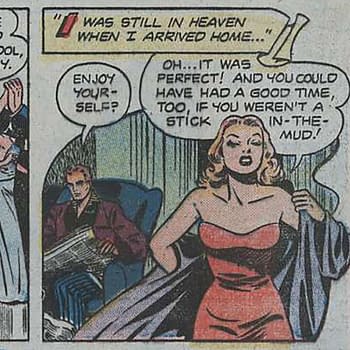 A cartoon panel depicts a glamorous woman in a red dress speaking animatedly while another man listens in a chair, looking uninterested. The background features a couple dancing at a party, with speech bubbles revealing a conversation about enjoying oneself and not being a 'stick-in-the-mud.'