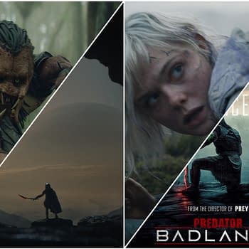 Collage featuring a fierce Predator creature, a warrior silhouette with a sword, and a young woman with a surprised expression, alongside the promotional artwork for 'Predator: Badlands'.