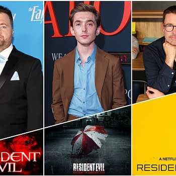A collage featuring three men at various events, alongside 'Resident Evil' promotional images, including a red umbrella, the title logo, and a test tube graphic, representing the Netflix series adaptation.
