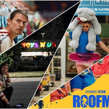 A collage featuring scenes from the film 'Roofman,' showcasing Channing Tatum and other characters in various humorous and playful settings. The collage highlights scenes set in a toy store and characters in eccentric poses, emphasizing the film's light-hearted comedic tone.