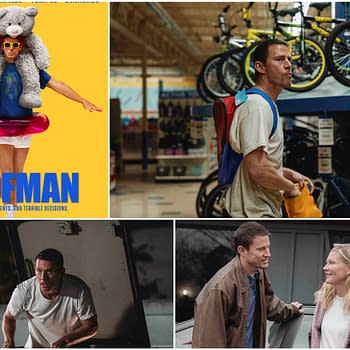 A vibrant poster for 'Roofman' featuring a man wearing sunglasses, shorts, and a large teddy bear on his back, holding a toy gun, set against a bright yellow background. The poster includes the text 'Roofman' in bold blue letters and a tagline indicating the story is based on actual events.