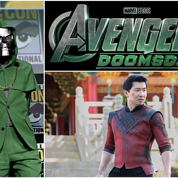 A character dressed as Doctor Doom in a green suit with a hood and a silver mask stands on a stage at a convention, while an image of Simu Liu appears next to him, wearing a red outfit with intricate designs, in front of a traditional setting. The title 'Avengers: Doomsday' is prominently featured above.