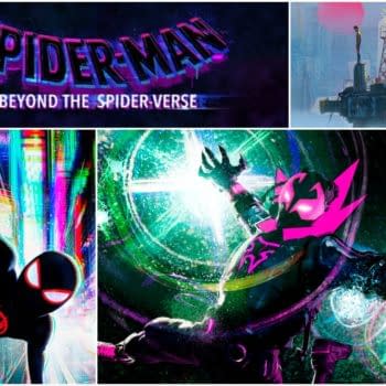 A colorful cartoon-style illustration featuring the title 'Spider-Man: Beyond the Spider-Verse' prominently displayed. The image showcases dynamic characters, including a black-suited Spider-Man and a character with a pink mask, set against a vibrant, digital city backdrop.