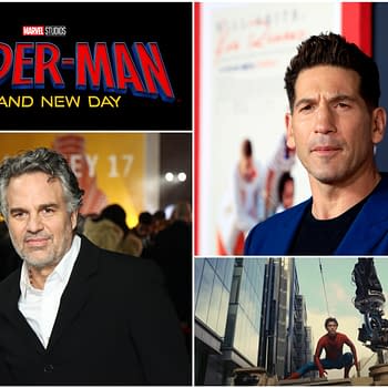 A promotional illustration for 'Spider-Man: Brand New Day' featuring the logo prominently at the top. Below, there are images of two actors at a premiere event, with one actor appearing in a blue suit and the other in a black outfit, as well as a scene depicting Spider-Man in action.