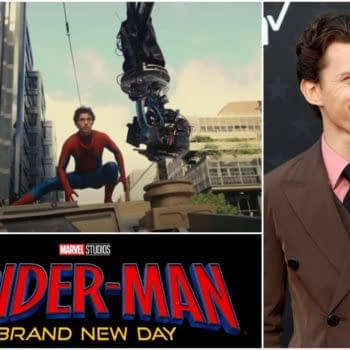 A scene from 'Spider-Man: Brand New Day' featuring Tom Holland as Spider-Man in his iconic red and blue suit, crouching on a vehicle in an urban setting, with a film camera rig above him. The image includes the movie title logo prominently displayed at the bottom.